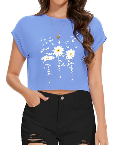 Image of Womens Crop Tops Summer Roll Cap Sleeve Cropped Tshirt Loose Fit Basic Tees