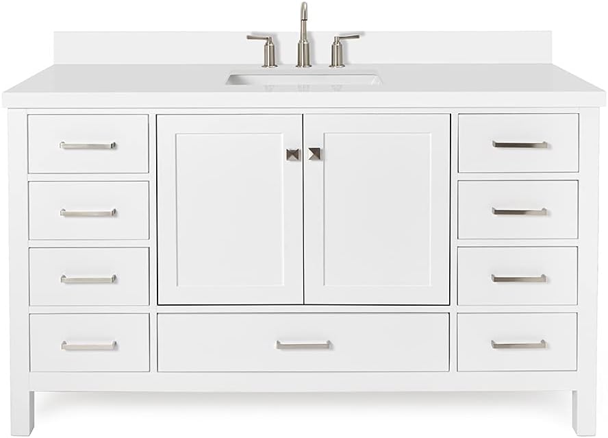 ARIEL Cambridge 60-inch Bathroom Vanity with Sink,Solid Wood, 1.5-inch Pure White Quartz Countertop & Backsplash, Single Rectangular Porcelain Sink, 2 Soft Closing Doors, 9 Dovetail Drawers, White