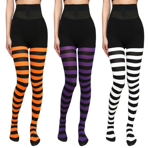 3 Pcs Striped Tights, Halloween Striped Tights, Length High Waist Stripe Leggings Stocking, Halloween Costumes for Women Girls Ladies Witch Cosplay, Fancy Dress Costume Accessories (3 colour)