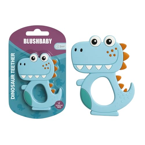 Image of Blushbaby Silicone Baby Teether for Babies 6-12 Months | Teething Gums Manhattan Rattle Toy with Loop Rings | 100% Food-Grade Silicone & BPA-Free | Dinosaur Teether for Infants & Toddlers (Blue)