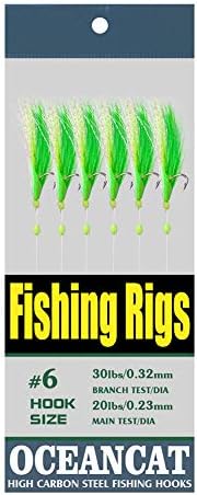 OCEAN CAT Fishing Rigs Saltwater Bait, Feather & Fish Skin 6 String Hooks Fishing Lure Tackle,Red/Green 10 Packs (Green, 8#)