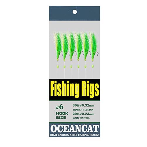 Ocean Cat Fishing Rigs Saltwater Bait, Feather & Fish Skin 6 String Hooks Fishing Lure Tackle,Red/Green 10 Packs (Green, 8#) #TOP11
