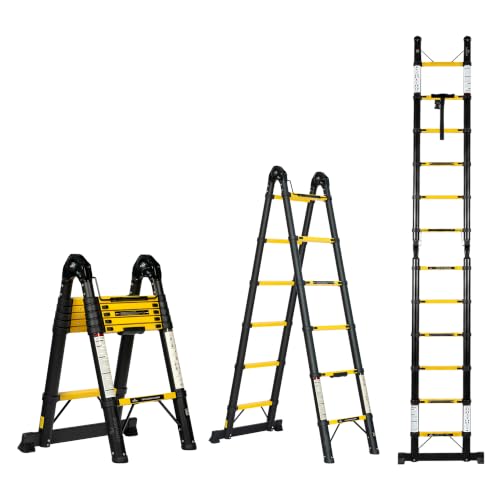 Image of Corvids 3.8m (12.5 ft) Foldable A-Type Carbon Steel Telescopic Ladder, 2-Year Warranty, 12-Step Heavy Duty Extension Ladder, Q195 Rustproof Alloy Steel, Portable Ladder for Home & Outdoor use
