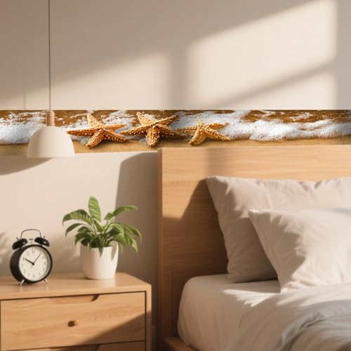 Image of Nuxovilar Beach Starfish Wave Peel Stick Wall Border PVC 3.94x16.4' | Wall Trim, Molding Decal, Peel Stick Border, Adhesive Frame, for Bedroom, Kitchen, Living Room (Beach Starfish)