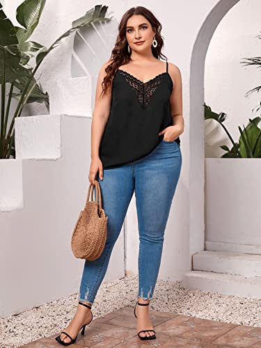 Romwe Women's Plus Size Casual Cami Tank Spaghetti Strap Camisole Pleated Scoop Neck Sleeveless Tops Lace Black 3Xl #TOP4