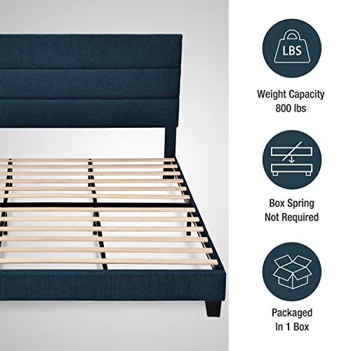 Hoomic King Size Bed Frame With Headboard, Fabric Upholstered Platform Bed, Strong Wood Slats Support Panel Bed Mattress Foundation, No Box Spring Needed, Navy Blue #TOP4