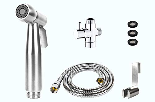 Deluy Handbrause Komplett-Set | Bidet aus gebürstetem Edelstahl | Shataf inkl. brauseschlauch, 3/8 zoll eckregulierventil & wandhalterung