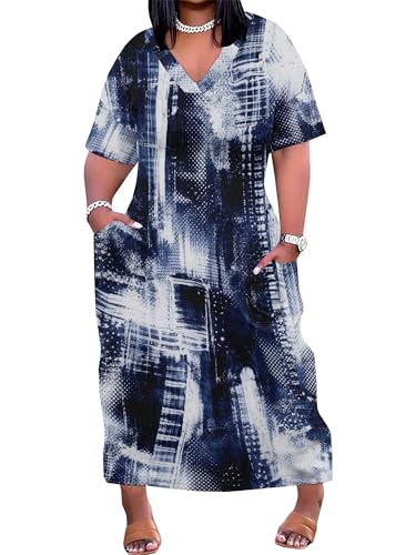 Image of SUZONANA Plus Size Denim Print Maxi Dresses for Women Casual V Neck Short Sleeve with Pockets Soft Jean Look Dress XL-6XL