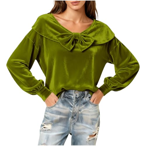 Image of Velvet Tops for Women UK Bowknot Sweetheart Neck Blouse Elegant Dressy Casual Going Out Puff Long Sleeve Tops Festival Party Shirt and Blouse Autumn Tee Shirts Pullover Clothes Mint Green