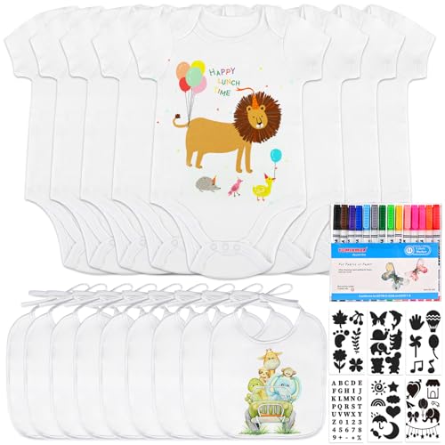 Bavoir à peindre avec 14 stylos textiles et pochoirs pour customiser un body