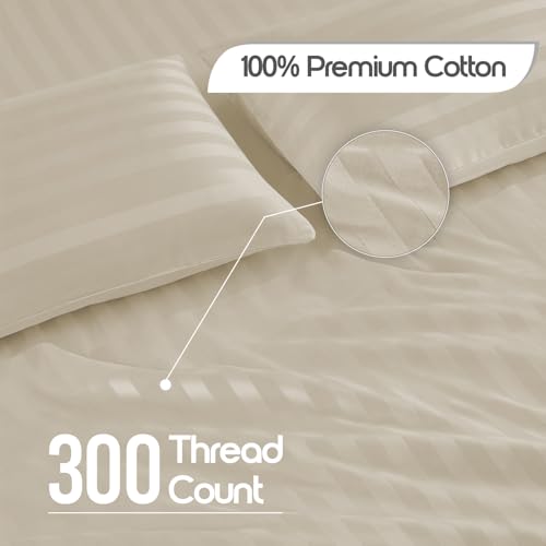 Image of LINENWALAS Cotton 300 Thread Count King Size Bedsheet Set | 2 cm Sateen Stripe Design | Cloud-Soft, Breathable & Skin-Safe | Oeko-TEX Certified Hotel-Style Bedding (108 x 108, Pearl)