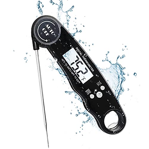 Instant Read Meat Thermometer for Cooking, Waterproof Thermometer with Backlight for Kitchen Calibration Function Foldable Probe , Baking, Outdoor, BBQ, Grill, Deep Fry, Liquids, Corkscrew (Black)