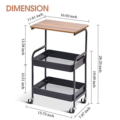 Toolf Utility Cart With Wooden Table Top, 3-Tier Metal Storage Cart, Black Trolley Kitchen Organizer Rolling Desk With Locking Wheels For Office, Classroom, Home #TOP4