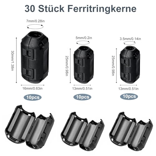 Ferritkerne für Kabel, 30 Stück Clip-on Ferritkern, EMI Rauschunterdrücker Kabelclip mit 3.5mm 5mm 7mm Innendurchmesser für USB Kabel Audio und Video Kabel Stromkabel