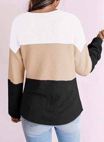 Dokotoo Womens Tops Casual Long Sleeve Waffle Knit Oversized Shirts Crewneck Color Block Pullover Sweatshirts2