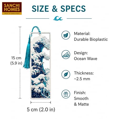 Image of Great Wave Layered Bookmark | Inspired by Hokusai's Iconic Art, Ocean Blue with Tassel, 15 x 5 cm | Perfect for Gifting | for Readers and Book Lovers | Ecofriendly Bioplastic | Unique 3D Effect