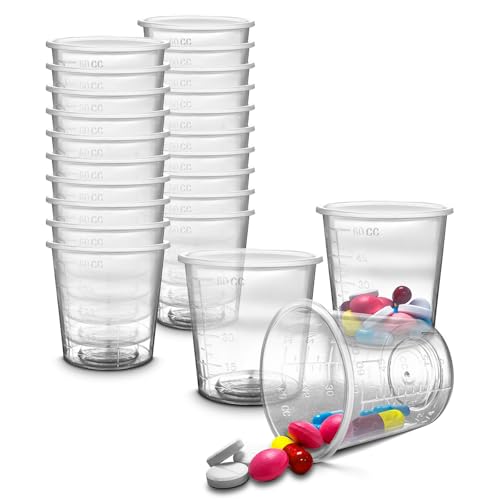 20pc - RE-GEN 60ml Graduated Clear Reusable Measuring Cups Pots Container Beaker Tubs - Ideal for Medicine, Kitchen Cooking, Catering, Medical Lab, Home