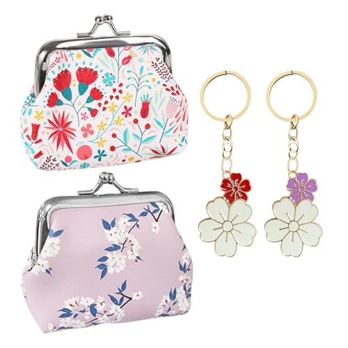 Photo de 2 Morceaux De Pièces De Monnaie Et 2 Morceaux du Porte-Clés, Sac À Main De Fille Douce, Chaîne De Clés en Fleurs en Métal, Petite Remorque De Sac.