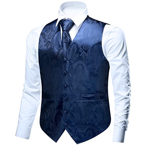 Faimo Men's Suit Vests, Mens Vests Dress Waistcoat For Suit Or Tuxedo, Business Formal Paisley Floral Blue Vest For Men +Tie Pocket Square Set #TOP1