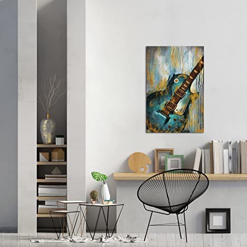 Sechars Music Canvas Wall Art Guitar Painting On Canvas Abstract Teal And Gold Pub Bar Decor Artwork Framed Ready To Hang 24X36Inch #TOP2