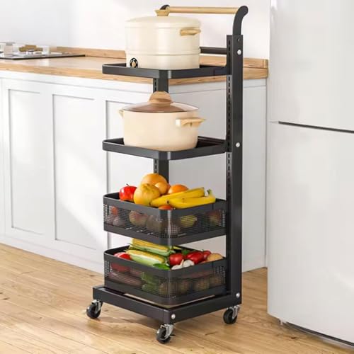Carrito de almacenamiento de metal rodante de 4 niveles para cocina, baño y nizer de frutas, color negro, incluye 2 tablas y 2 cestas, estante versátil para el hogar y la oficina