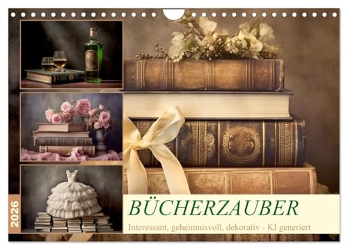 Bücherzauber (Wandkalender 2026 DIN A4 quer), CALVENDO Monatskalender: Dekorativ in Szene gesetzte Bücher - KI generiert (CALVENDO Kunst)