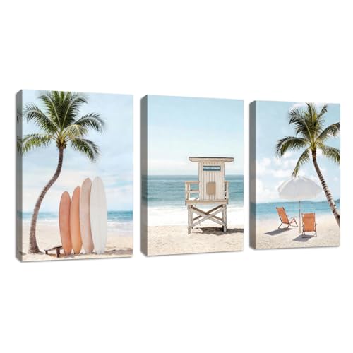 3 Pcs Été Bleu Côtier Paysage Tableau Decoration Murale Avec Cadre, Planche De Surf Parasol Impression Sur Toile Détente Naturel Paysage Tableau Peinture Affiches Décor pour Chambre Salon 50x70cmX3
