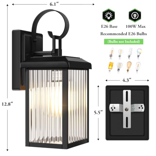 Image of BesLowe 2-Pack Outdoor Wall Light Fixtures with Fluted Glass, Black