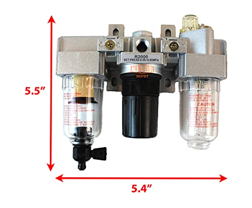 1/4" NPT Mini Compressed Air In Line Filter Regulator Lubricator Oiler Combo, Poly Bowl And Metal Body, 5 Micron Element, Adjustable From 7 to 140 PSI (MANUAL DRAIN)