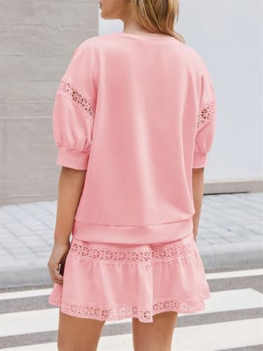 Fisoew 2 Piece Skirt Sets for Women Lace Trim Outfit Short Puff Sleeve Cute Sets Coquette Summer Going Out Outfits — view 3