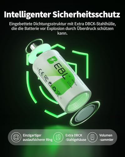 EBL Baby C Akku 5000mAh - NI-MH wiederaufladbare Batterie 4er Pack mit Aufbewahrungsbox, 1,2V Typ C Akku