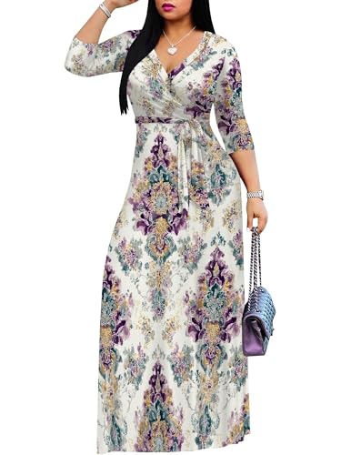 Image of Women's V Neck Floral Maxi Dress 3 /4 Sleeve Plus Size Boho Wrap Flowy Long Dresses with Belt