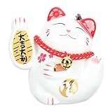 ABOOFAN Maneki Neko Chinese Waving Arm Fortune Cat Cute Ceramic Lucky Cats Feng Shui Good Luck Cat Figurine Wealth Welcoming Animal Ornament for Car Office Decor White