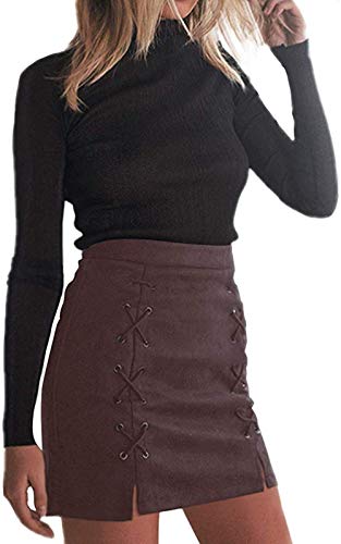 katiewens Women's Classic High Waist Lace Up Bodycon Faux Suede A Line Mini Pencil Skirt2
