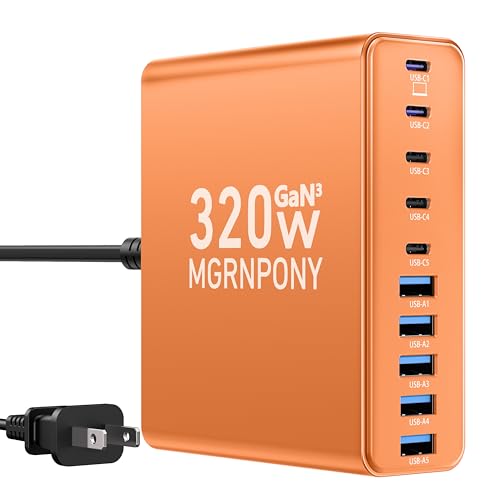 Image of 320W USB C Charger Block, MGRNPONY 10-Port GaN USB C Charging Station | PD 65W Laptop Fast Charger Adapter for MacBook Pro /Air, DELL, iPad, iPhone, Samsung Galaxy(Orange)