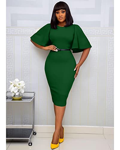 Image of Memoriesea Women's Basic Bodycon Ruffle Flared Short Sleeve Pencil Midi Dress