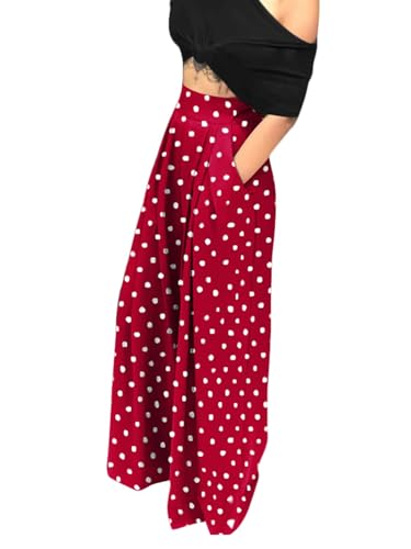 Chatinction Women's Casual Palazzo Pants High Waist Pleated Polka Dot Printed Wide Leg Pants with Pockets2