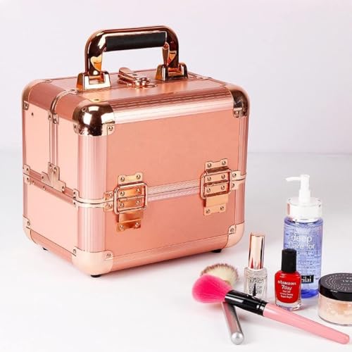Image of Adson Professional Makeup Box Cosmetics Case Jewelry Organiser Vanity Make Up Storage Box Beauty Train Case Lockable with Keys (Metallic Dusty Rose Gold)