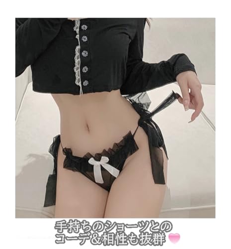 [Lunon] 女装パンツ 男の娘 下着 上下セット 【高伸縮/シフォン リボン/くせになる フィット感】キャミソール タンクトップ ショーツ 上下セット 撮影 衣装 女装コスプレ おとこの娘用 黒 白 - 画像4