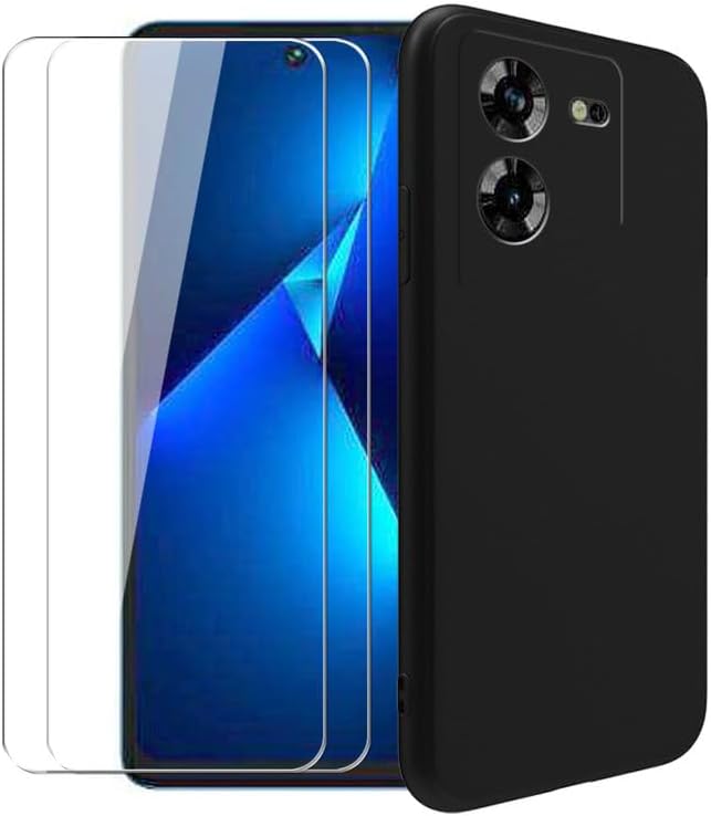 Case for Tecno Pova 5 + [2 Pack] Glass Screen Protector Tempered Film - Transparent Silicone Soft Flexible Bumper Shockproof TPU Protective Cover Shell for Tecno Pova 5 (Black)