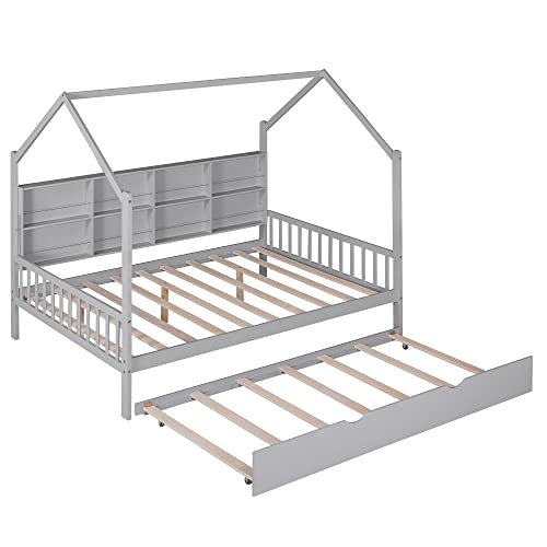 Merax Wood Full Multifunctional Montessori Daybed With Trundle/Storge Shelf Low Day Bed For Kids Boys Girls No Box Spring Needed Gray #TOP2