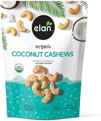 Elan Organic Coconut Cashews, 5.6 oz, Non-GMO, Gluten-Free, Vegan, Kosher, Glazed Nuts (Roasted Cashews, Coconut Milk Powder, Himalayan Pink Salt), Superfood Infused Nuts