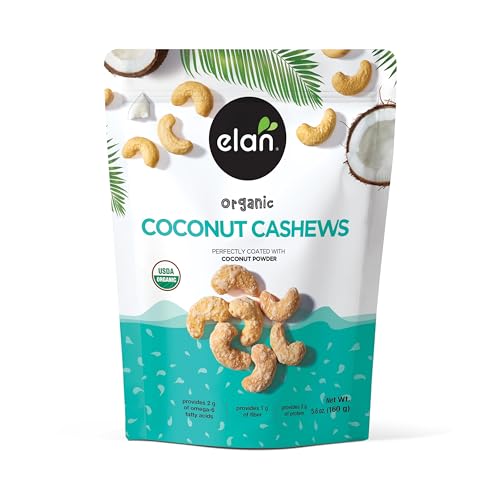 Elan Organic Coconut Cashews, 5.6 oz, Non-GMO, Gluten-Free, Vegan, Kosher, Glazed Nuts (Roasted Cashews, Coconut Milk Powder, Himalayan Pink Salt), Superfood Infused Nuts