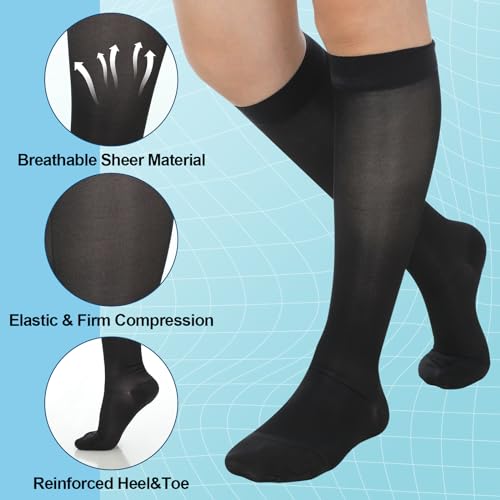 Image of Shellwei 3 Pairs Sheer Compression Socks 20-30 Mmhg Knee High Compression Stockings Support Hose for Women
