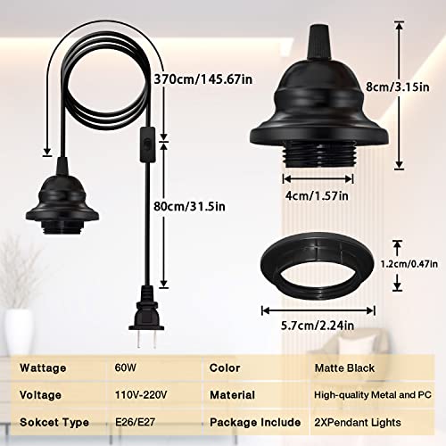 Hanging Light Cord,2Pcs Hanging Lights With Plug In Cord,15Ft Pendant Lamp Socket Cord Kit E27 Light Bulb Socket With Cord,Plug In Pendant Lighting With Socket Ring,Can Add Lampshade,For Kitchen #TOP1