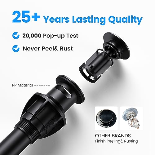 Bathroom Sink Drain With Overflow, Hurran Matte Black Universal Bathroom Sink Stopper For Bathroom Vanity Vessel Sink, Rapid Draining Plastic Pop-Up Sink Drain With Hair Catcher Anti-Clog Strainer #TOP4