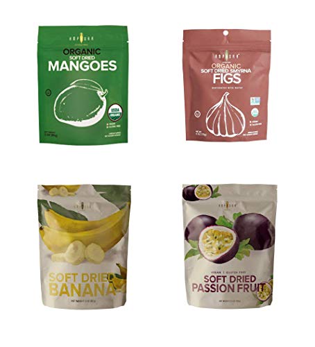 Soft dried fruits variety, Amphora/Mangoes,Smyrna Figs,Apricots,Dates,Tart Cherries,Plums,Bananas,Passion fruit/Organic, refreshing bite sized snack, party platter, 3oz (TROPICAL 4 VARIETY)