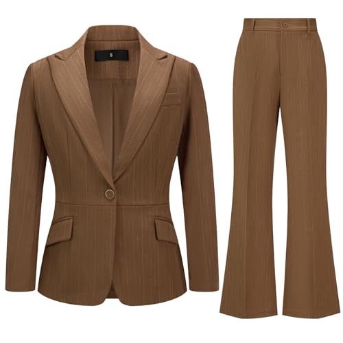 Women's 2 Piece Business Suit Set Pinstripe Blazer Jacket & Bootcut Pants Dressy Office Work Formal Casual Outfits Dark Khaki