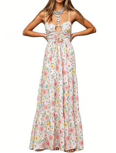 Image of Womens Summer Floral Spaghetti Strap Backless Low Cut Smocked Milkmaid Flowy Beach Sundresses