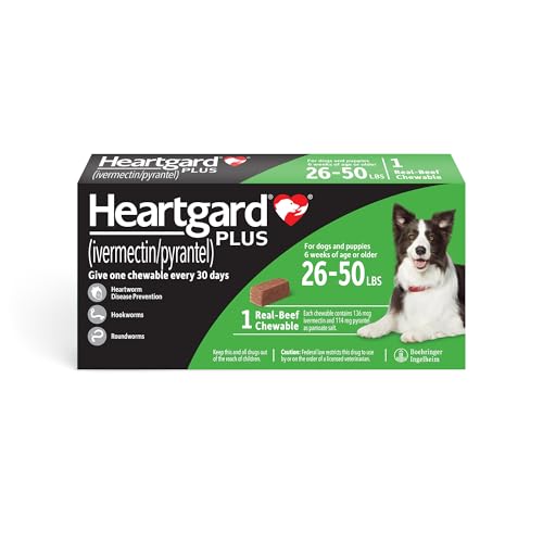 HEARTGARD Plus (ivermectin/pyrantel) Real-Beef Chewables for Dogs 26-50 lbs (Green Box) 1 Month Supply of Chews (Heartworm Disease Preventive)